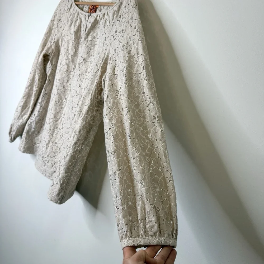 Tory‎ Burch Lace Blouse Top 10 Beige Neutral Cottage Whimsical Coastal Peasant